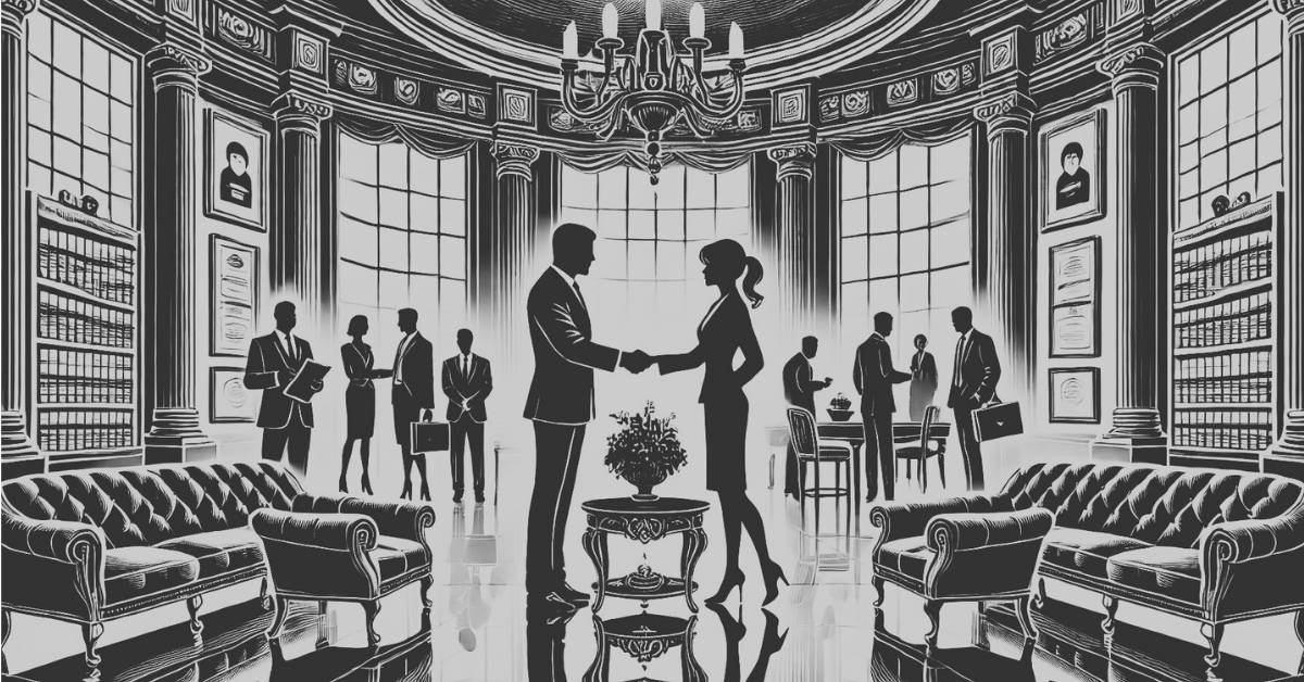 Image is part of an art gallery; Aventine Lab art displaying a female lawyer greeting a male client